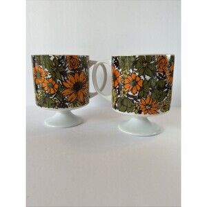 2 Vintage Howard Holt Floral Pedestal Coffee Mug Mod #7823 Flower Power 1967 Cup